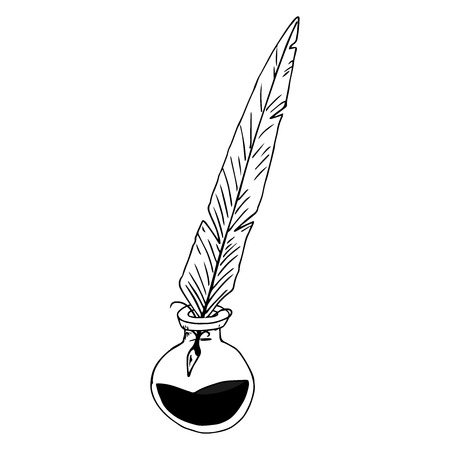 Inkwell with feather hand drawn. Vector illustration inkwell and feather. Inkwell with pen icon.のイラスト素材
