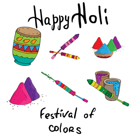 Hand drawn colorful Happy Holi Background for Festival of Colors celebration greetings. Indian holiday Holi. Bright colorful holiday in India. Festiful colors.のイラスト素材