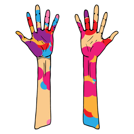 Two hands in paint stains. Vector illustration palm of hands. Symbol of the Indian Holiday Holi. Festival of colors. Indian holiday.のイラスト素材