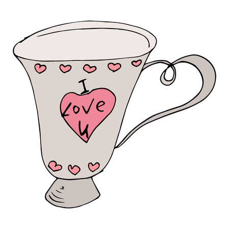 Mug with a heart for Valentine's Day. Vector of a cup with the inscription "I love you". Hand drawn.のイラスト素材