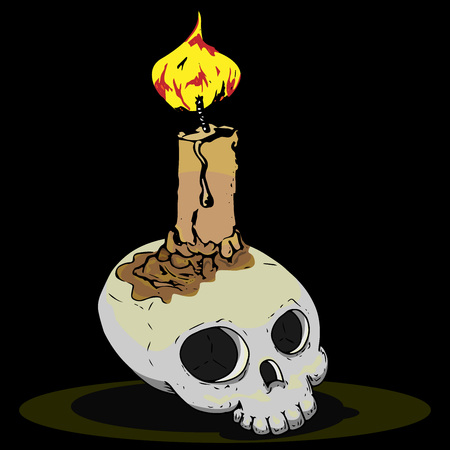 Skull with candles. Vector of a burning candle on the skull. Hand drawn candle on the skull.のイラスト素材