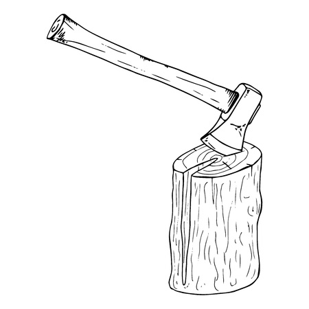 Ax in the log icon. Vector illustration of a log with an ax. Hand drawn ax.のイラスト素材