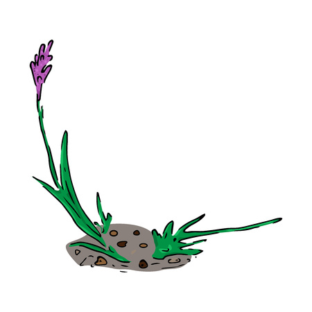 Vector illustration of a purple flower with green leaves.  flower growing on the ground.のイラスト素材