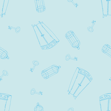 Wardrobe and key seamless pattern. Hand drawing bird cage. Vector illustration of key, cabinet, birdcage.のイラスト素材
