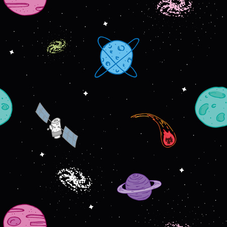 Seamless pattern space. Planets, satellites, astronauts, comets. Hand drawing. Vector illustration.