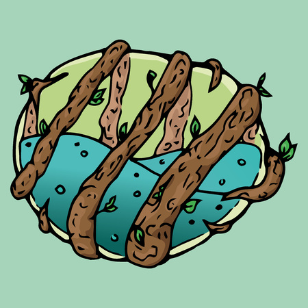 Vessel with liquid wrapped with tree branches. Vector illustration of a vintage magic vessel with liquid in the branches of a tree.のイラスト素材