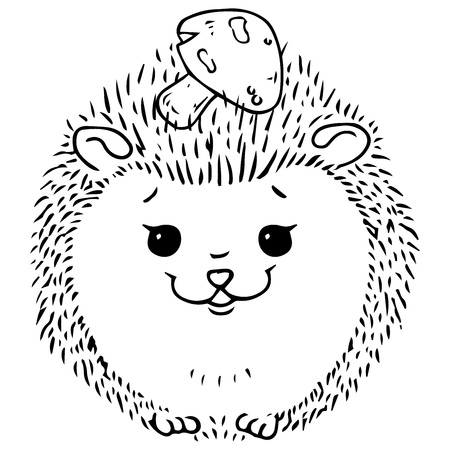 Hedgehog icon. Vector illustration of a cute cartoon hedgehog with a mushroom. Hand drawn smiling hedgehog.のイラスト素材
