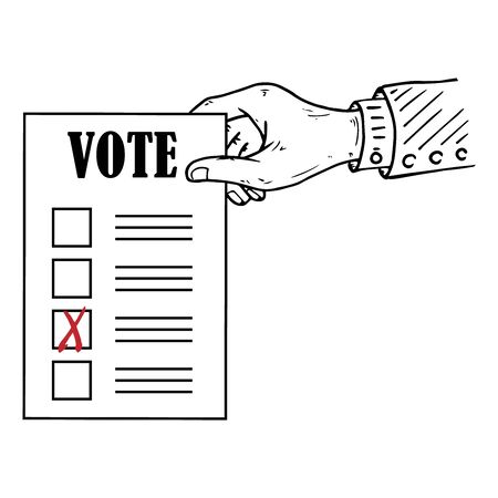 Voting ballot, form, list icon. Vector illustration of ballot paper in hand. Wrist. A hand holds a blank with a cross mark, document, sheet of paper with text. A hand with a sleeve.のイラスト素材