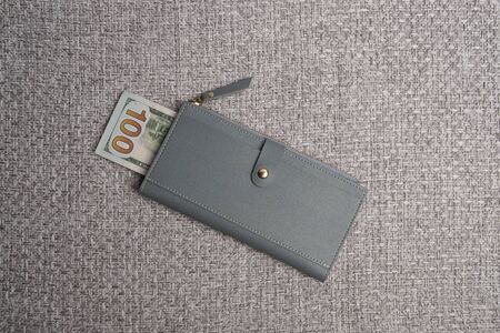 Womens leather wallet studio image. Gray womens wallet with banknotes. Dollar bills. Dollars in a...