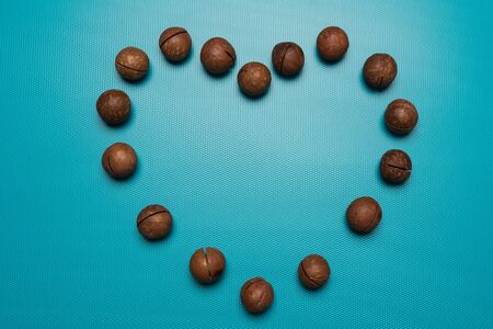 Macadamia nuts heart studio image. Macadamia logo heart on Holiday. Heart made of nuts on a blue background.の写真素材