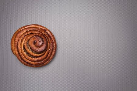 Cinnamon roll studio image. Homemade cinnamon roll on a gray background. Empty space for text.