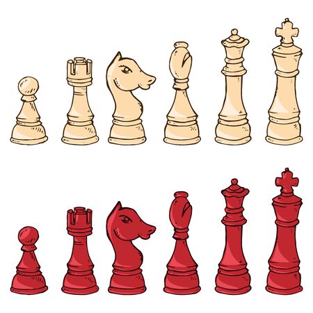 Chess piece icon. Vector illustration set of chess pieces. Pawn, knight, horse, bishop, elephant, rook, queen, king. Hand drawn.のイラスト素材