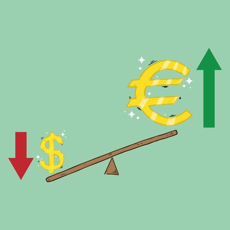 Dollar and Euro icon. Vector illustration of a euro sign and a dollar on the scales. Hand drawn euro and dollar on balanced scales.のイラスト素材