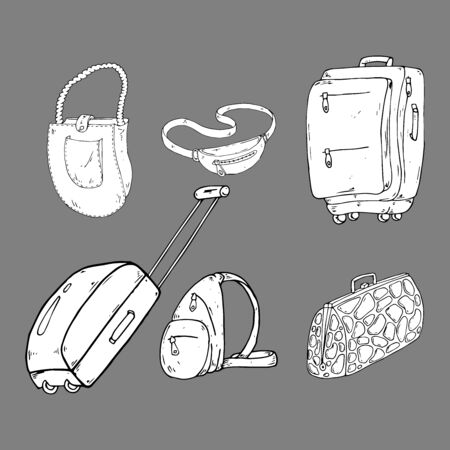 Set of bags. Vector illustration travel bag, women bag, waist bag. Hand drawn set of different bags.のイラスト素材