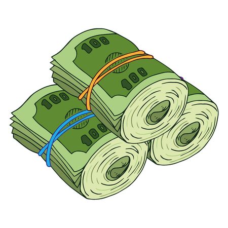 Money icon. Vector illustration of dollar bills rolled into a roll and tied with a rubber band. Hand drawn a stack of bills.のイラスト素材