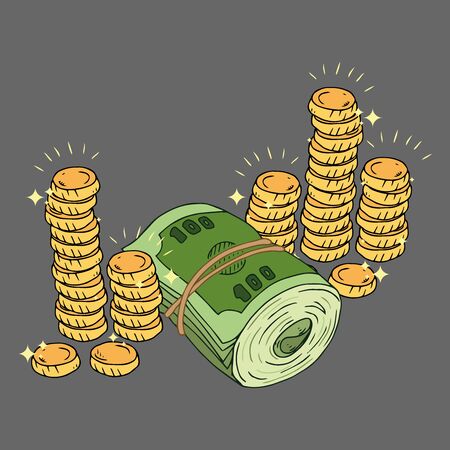 Money icon. Vector illustration of dollar bills rolled into a roll and tied with a rubber band. Hand drawn a stack of bills.のイラスト素材