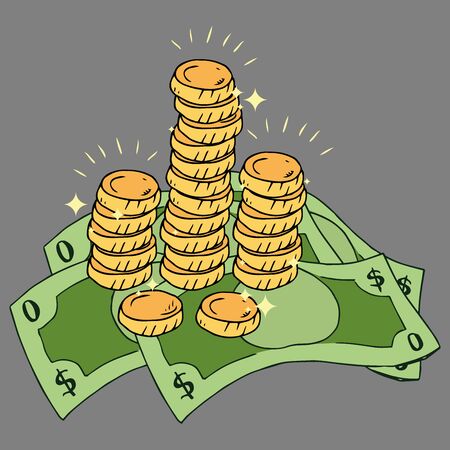 Banknotes with coins icon. Vector illustration of golden coins with money dollar bills. Money coins with bills hand drawn.のイラスト素材