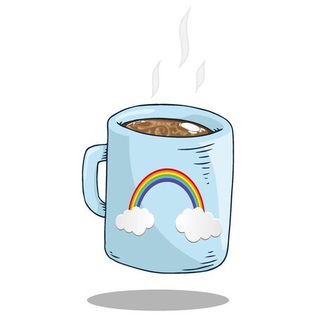 Mug with coffee icon. Vector illustration of a mug with cocoa cappuccino. Hand drawn hot mug with rainbow.のイラスト素材