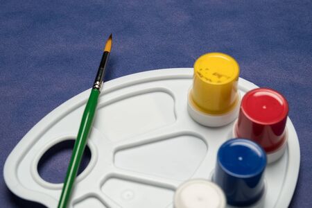 Palette with paints and brush. Studio image. Set of paints with a brush and a palette. Set of tubes...