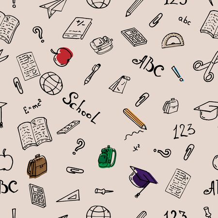 Seamless pattern on a school theme. Vector illustration background on a school theme.  Set textbook, pencil, apple, notebook, pen, globe, ruler seamless pattern.のイラスト素材