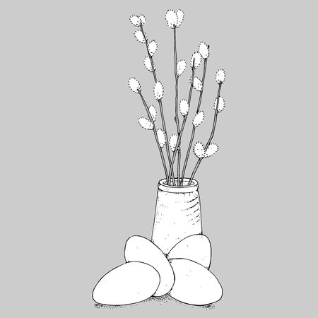 Willow icon. Vector illustration of willow in a vase. Hand drawn willow.のイラスト素材