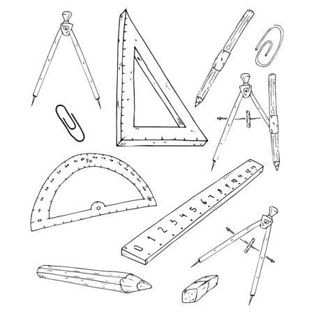 School supplies set. Vector illustration set of rulers, compasses, pencils, paper clips. Hand drawn office stationery paper clips, pencils, rulers.のイラスト素材