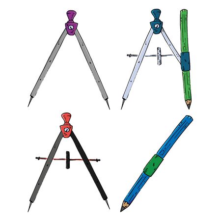 Set of compasses for sketching. Vector illustration set of compasses and pencils. Hand drawn  set of compasses.のイラスト素材