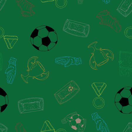 Football set seamless pattern. Vector illustration of a soccer ball, boots, soccer gloves and gate seamless pattern. Background soccer set, ball, goalkeeper gloves, goal.のイラスト素材