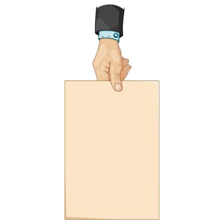 Hand is holding a blank sheet of paper icon. Vector illustration of a man's hand holding blank paper. Hand drawn blank paper in hand.のイラスト素材