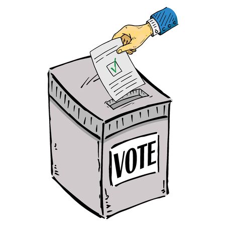 Ballot box. Vector illustration box for vote. Ballot box for voting in elections hand drawn. Wrist hand holds a voting ballot with a check mark, form, list icon.のイラスト素材