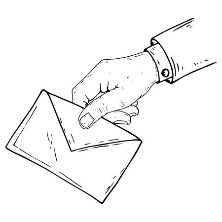 Hand holds an envelope icon. Vector illustration male hand holds a sealed envelope for writing. Hand with an envelope.のイラスト素材