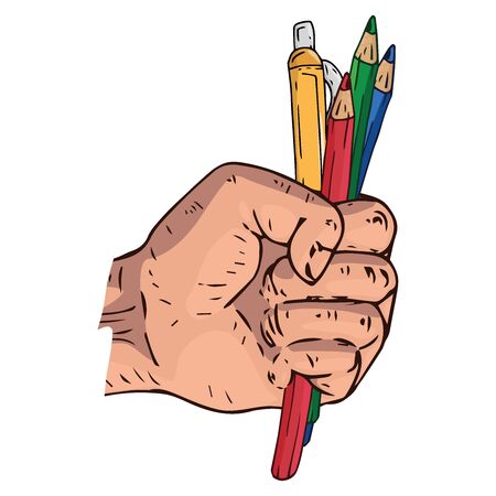 Male hand holds a pen and pencils icon. Vector illustration of a pen with pencils in hand. Hand drawn human hand holds pencils and a pen.のイラスト素材
