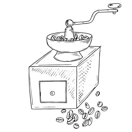 Coffee grinder with coffee beans icon. Vector illustration of an old coffee grinder with coffee. Hand drawn vintage coffee grinder.のイラスト素材