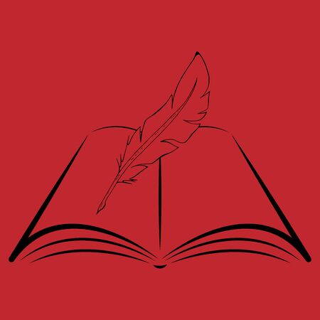 Feather pen and notebook. Vector illustration notebook with feather for calligraphy. Hand drawn book with feather pen.のイラスト素材