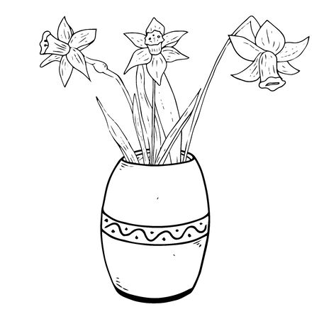 Vase with spring flowers icon. Vector illustration of daffodils and tulips in a vase. Hand drawn spring flowers in a pot.のイラスト素材