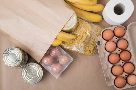 Set of food products. Pasta, egg, canned food, bananas.の写真素材