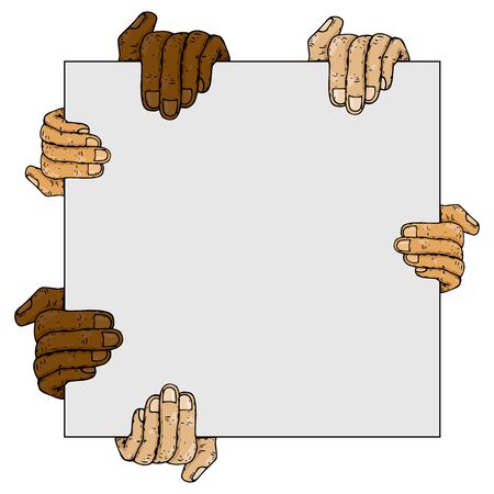 Hands with different skin colors hold a blank white sheet. Hands holding a banner. Vector illustration of a man's wrist.のイラスト素材