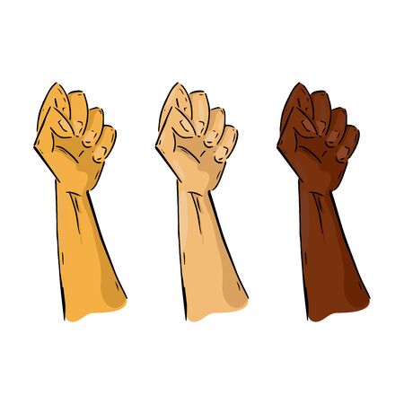 Set of human hands in a fist with different skin colors. Vector illustration fist. Fist up hand drawn.のイラスト素材