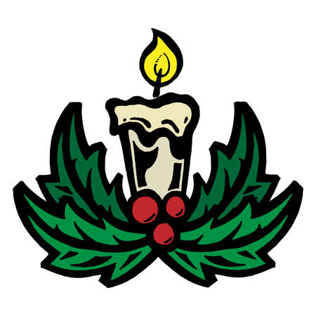 Burning candle in christmas candlestick of fir branches. Vector illustration christmas candle. Hand drawn.のイラスト素材