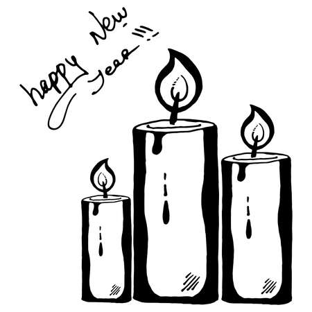 Christmas lighted candle. Vector illustration of a festive candle with inscription of a happy new year. Calligraphy happy new year lettering.のイラスト素材