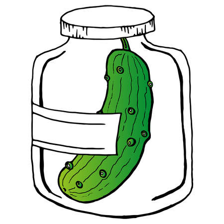 Cucumbers in a glass jar. Vector illustration of pickled cucumbers in a jar. Pickles in a glass bottle.のイラスト素材
