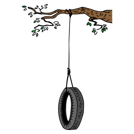 Children's swing on a tree branch. Swing from the car tire. Wheel tied to a tree branch. Vector illustration.のイラスト素材