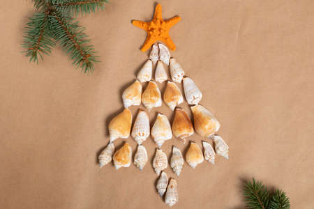 Christmas composition. Christmas in the summer, Christmas tree made of seashells. New year concept. Flat lay, top view.の写真素材