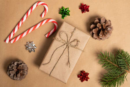 Christmas composition. Christmas gifts, pine branches, toys. Flat lay, top view.の写真素材