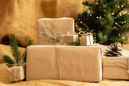 Christmas presents. Gifts under the Christmas tree. Christmas composition.