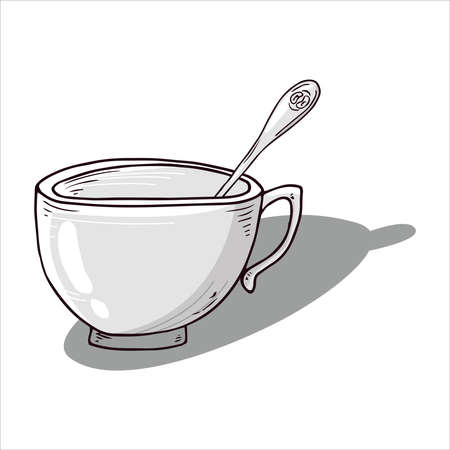 Cup with spoon icon. Vector illustration of a coffee cup with a small coffee spoon. Hand drawn cup, mug of tea with a spoon.のイラスト素材