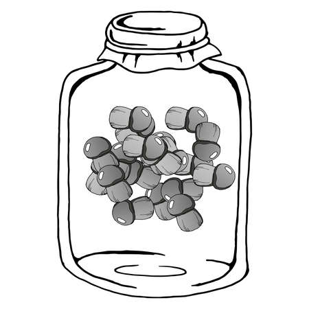 Pickled mushrooms in a glass jar. Vector illustration of a mushroom in a jar. Hand drawn mushrooms in the jar.のイラスト素材