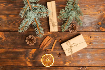 Christmas present, gifts. Christmas card. New Year's composition. Christmas tree, gifts, pine...