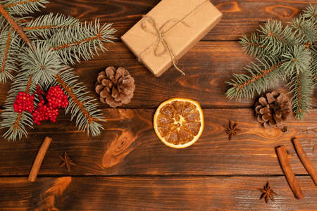 Christmas present, gifts. Christmas card. New Year's composition. Christmas tree, gifts, pine...