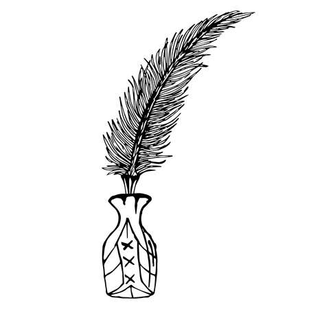 Feather and inkwell. Vector illustration of pen for ink calligraphy.のイラスト素材